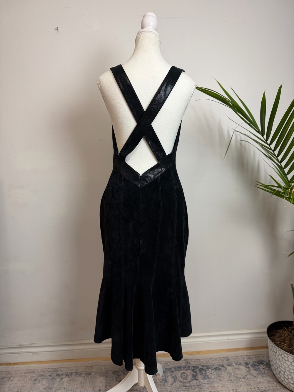 Danier Black Genuine Suede Leather Plunge Cross Back Midi Dress - Picture 5 of 15